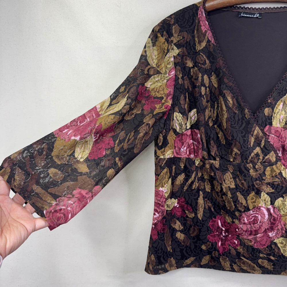 B.I.Y.A.Y.C.D.A Y2K Boho Floral Lace V-Neck Top Womens Size XL Brown Pink Blouse - Picture 8 of 9